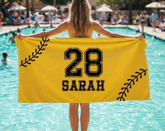 Personalized Baseball Beach Towel, Custom Sport Fan Name Towel