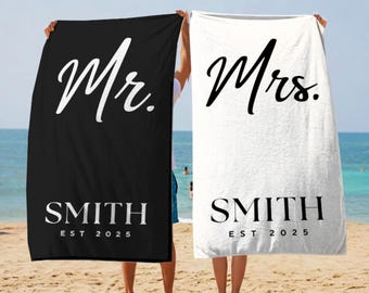 Personalized Mr. and Mrs. Beach Towel, Custom Couple Beach Towel, His and Hers Newlywed Gift