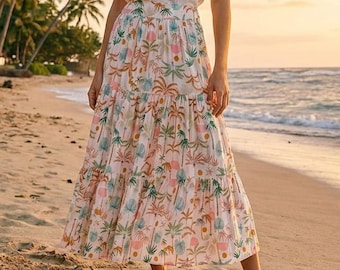 Tropikalna spódnica maxi z warstwami | Spódnica plażowa boho z wysokim stanem na wakacje