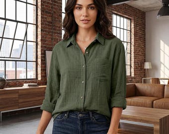 Ladies Shirt | Loose Fit Blouse, Pocket Top, Casual Long Sleeve Shirt