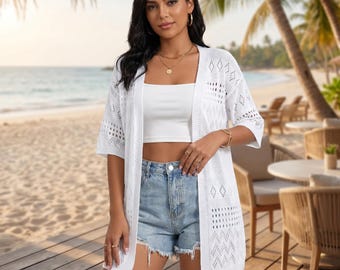 Boho Crochet Beach Cardigan | Lightweight Summer Kimono Cover Up, Open Knit Swimwear Layer
