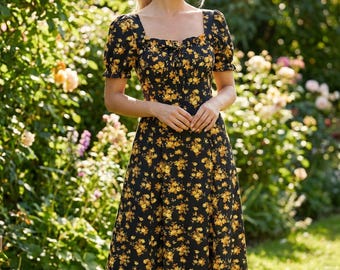 Sukienka midi w kwiaty | Bufiaste rękawy z kwadratowym dekoltem, styl Cottagecore na lato