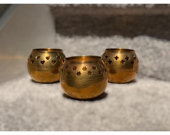 Vintage Brass Cut Out Candle Holders Set of 3 Boho India Hollywood Regency