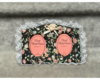 Vintage 90s Floral Cottagecore Double Photo Frame Lace Trim Romantic Decor