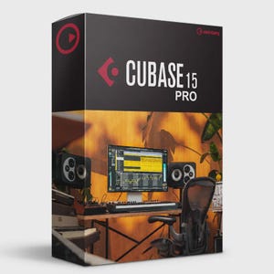 May include: A rectangular product box for Steinberg Cubase 15 Pro software. The black packaging features the white text Cubase 15 Pro and a red logo. The front displays a home studio setup with a computer monitor, speakers, and an office chair.