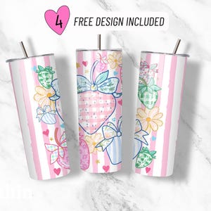 Strawberries with Bows Tumbler Wrap, Pink Floral Tumbler Design 20oz Skinny Tumbler Sublimation Design, Pastel Strawberries Sublimation Wrap