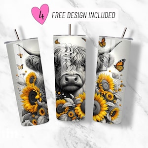 Highland Cow 20oz Tumbler Sublimation Design, Rustic Butterfly Tumbler Wrap, Farmhouse Cow Tumbler Wrap PNG, Country Style Tumbler Design