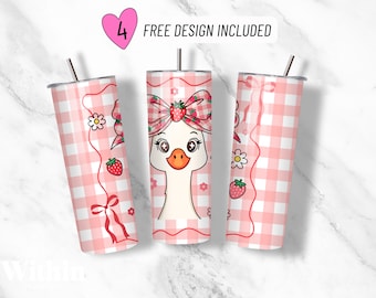 Goose with Strawberry Bow 20oz Skinny Tumbler Sublimation Design, Strawberry Goose Tumbler Wrap, Pink Checkered Wrap, Farmhouse Chic PNG