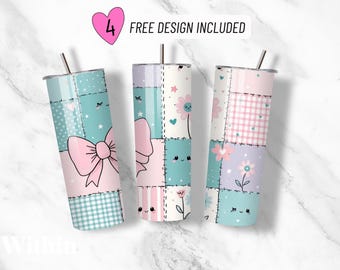 Cute Pink Bow Tumbler Wrap, Kawaii Kids Tumbler 20oz  Tumbler Sublimation Design, Pastel Patchwork Tumbler Wrap PNG, Whimsical Flower Wrap
