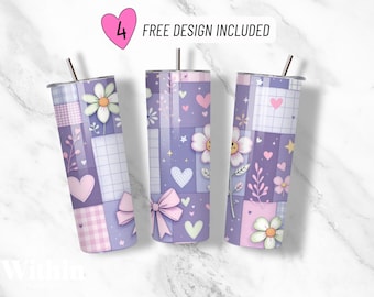 Pastel Floral 20oz Skinny Tumbler Sublimation Design, Pastel Purple Pink Heart Bow Tumbler Wrap, Pastel Whimsical Floral Tumbler Wrap PNG