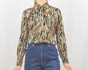 Polka Dot Shirt 70s Dagger Collar Top Button Up Shirt Dark Red Blouse Boho Disco 1970s Collared Nerd Geek Vintage Long Sleeve Small