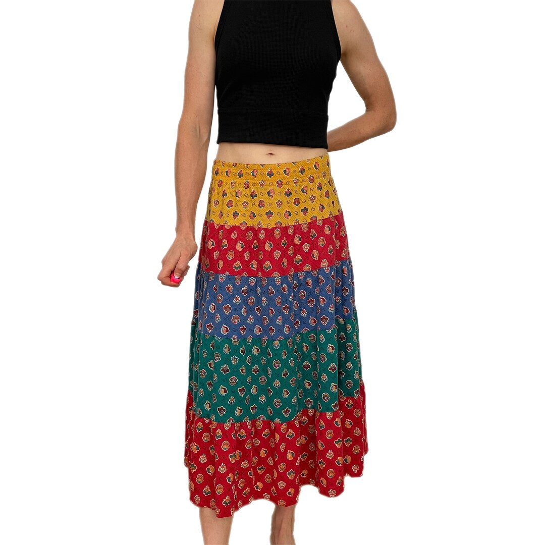 Vintage Midi Skirt Colorblock Knit (S)