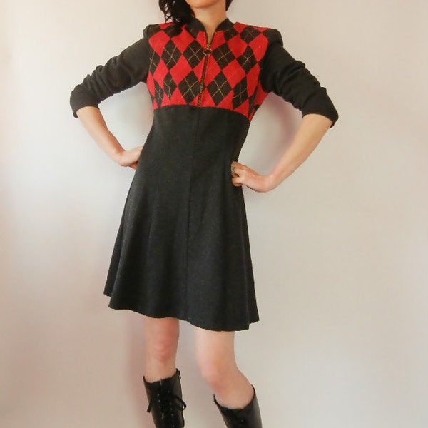 Vintage Argyle Dress, Size Small, School Girl, Tumblr, 90's, Red, Grey, Mini Dress, Fall