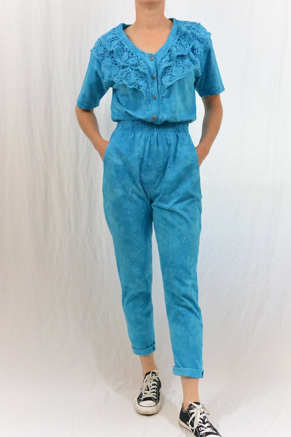 Vintage Blue Tie Dyed Jumpsuit, 80's Clothing, XS-