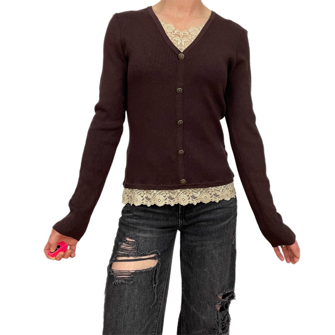 Vintage Ribbed Chocolate Brown Top With Lace Details Y2K Etsy