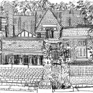 May include: A detailed pencil sketch of a multi-level brick house with a gabled roof and multiple windows. The drawing captures the architectural details, including the brickwork, roof tiles, and surrounding foliage, creating a textured and realistic depiction.