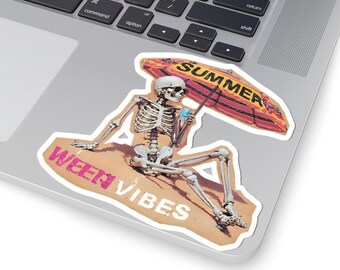 Funny Beach Skeleton Kiss-Cut Stickers Halloween Vintage Retro Decals Spooky Summerween Decor Stickers Beach Halloween-in-July Spooky Summer