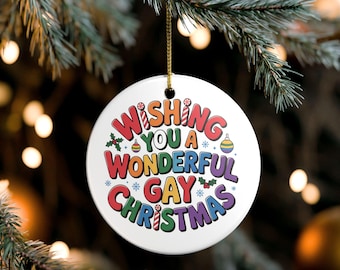 Funny LGBTQ Themed Christmas Ornament, Queer Ceramic Holiday Tree Decoration, Gay Pride Gift for Him, Humorous Rainbow Color Wall Hanging