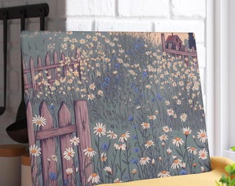 Tabla de cortar de vidrio con flores silvestres vintage, bandeja floral para charcutería, salvamanteles caprichoso, plato botánico de granja, regalo de inauguración de la casa, decoración de cocina