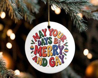 Funny LGBTQ Themed Christmas Ornament, Queer Ceramic Holiday Tree Decoration, Gay Pride Gift for Him, Humorous Rainbow Color Wall Hanging