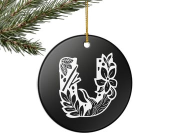 Adorno navideño personalizado con monograma floral, regalo de decoración para el hogar en cerámica, decoración personalizada con letra del alfabeto, colgante de pared con inicial navideña