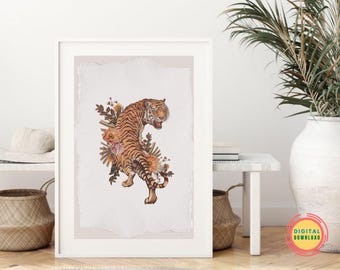 Lámina decorativa imprimible de tigre, póster digital del Año del Tigre, ilustración floral, descarga del Año Nuevo Lunar, impresión del Año Nuevo Chino, amante de los animales.