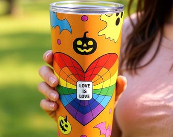 LGBTQ Halloween Travel Mug Gay Pride 20oz Tumbler Rainbow Flag Coffee Cup Happy Vibes Gift for Him Love is Love Drinkware Queer Pumpkin Cup