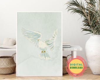 Arte mural imprimible de paloma en acuarela, ilustración de la paz mundial, impresión de arte digital, póster de paloma, diseño de interiores con paloma de la paz, decoración del hogar con aves