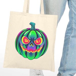 Iridescent Pumpkin Tote Bag Halloween Canvas Eco-Friendly Shopping Sack Trick or Treat Tote Metallic Spooky Cyberpunk Glitchcore Summerween