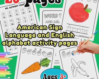 May include: A set of 28 American Sign Language and English alphabet activity pages for ages 3+. The pages feature black and white line drawings of an apple, carrot, and banana, with corresponding ASL hand signs and dotted text for tracing.
