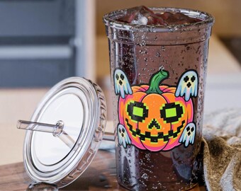 Retro Glitchy Pumpkin Acrylic Cup Spooky Ghosts Tumbler Y2K Vintage Style Drinkware Halloween Coffee Mug Holiday Gift for Him Travel Tea Cup