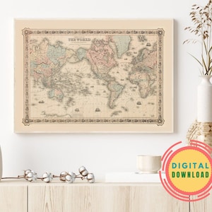 Druckbare Weltkarte, Vintage Coltons Karte der Weltwand 1858 Kunstdruck, altmodische Karte, klassischer Schul antiker Weltatlas, Wohnkultur