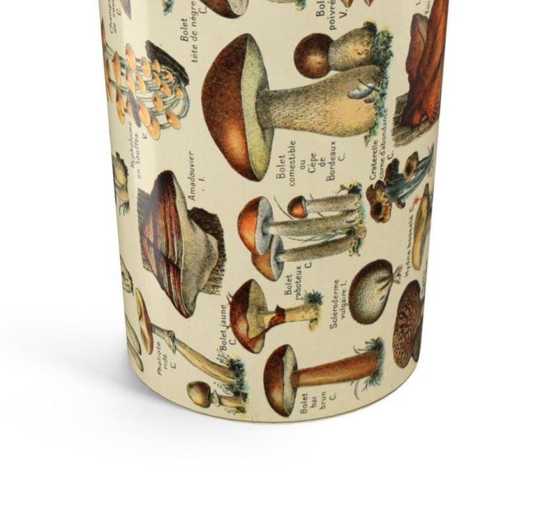 May include: A cylindrical tumbler with a beige background, covered in detailed illustrations of various mushrooms. The illustrations are in shades of brown, orange, and beige, with French text labels. The tumbler has a slightly angled perspective.