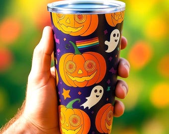 LGBTQ Halloween Travel Mug Gay Pride 20oz Tumbler Rainbow Flag Coffee Cup Happy Vibes Gift for Him Love is Love Drinkware Queer Pumpkin Cup