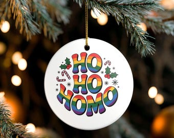 Ho Ho Homo Ceramic Ornament, Festive Christmas Decor, Queer Ceramic Holiday Tree Decoration, Gay Pride Gift, Humorous Rainbow Wall Hanging