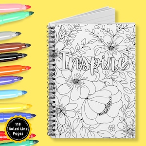 Puede incluir: Una libreta blanca de espiral con 118 páginas rayadas. La portada presenta un diseño floral en blanco y negro con la palabra "Inspire" en una fuente decorativa.