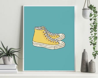 Lámina decorativa de pared con diseño de zapatillas Converse All Star, ilustración de zapatillas amarillas, descarga digital imprimible de Converse, decoración para el hogar y la habitación infantil con temática de zapatillas deportivas.