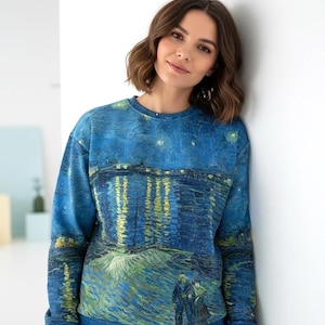 Heltryckt bomullströja Vincent van Gogh Stjärnklar natt över Rhône Streetwear-tröja Vintage konstälskare gåva Berömd målning topp