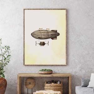 Vintage Luftschiff druckbare Wandkunst, Retro Luftschiff Illustration, Flugzeug digitaler Download, antike Steampunk Luftschiff Kunstdruck, Heißluftballon