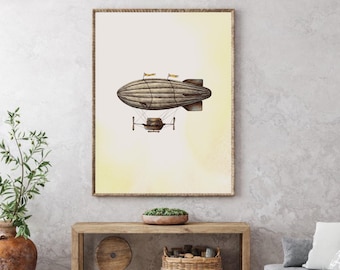 Vintage Blimp Printable Wall Art, Retro Airship Illustration, Aircraft Digital Download, Antique Steampunk Blimp Art Print, Hot Air Balloon