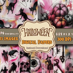 Op de afbeelding: Een digitale papiercollectie met Halloween-afbeeldingen waaronder zwarte katten, pompoenen, schedels, raven, geesten en sleutels. De centrale tekst luidt HALLOWEEN DIGITAL PAPERS, JPG HIGH QUALITY, 25 IMAGES, SIZE 8.5 X 11, 300 DPI+, en Instant Download.
