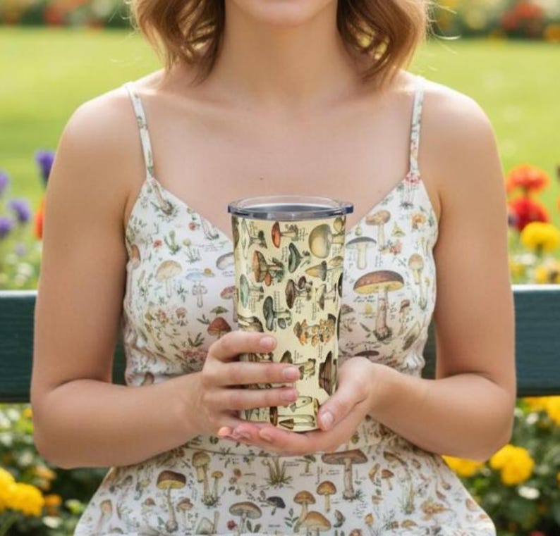 May include: A tall, insulated tumbler featuring a beige background with a detailed botanical illustration of various mushrooms in shades of brown, tan, and cream. The tumbler has a black lid and a stainless steel rim. The design is repeated on the matching dress.