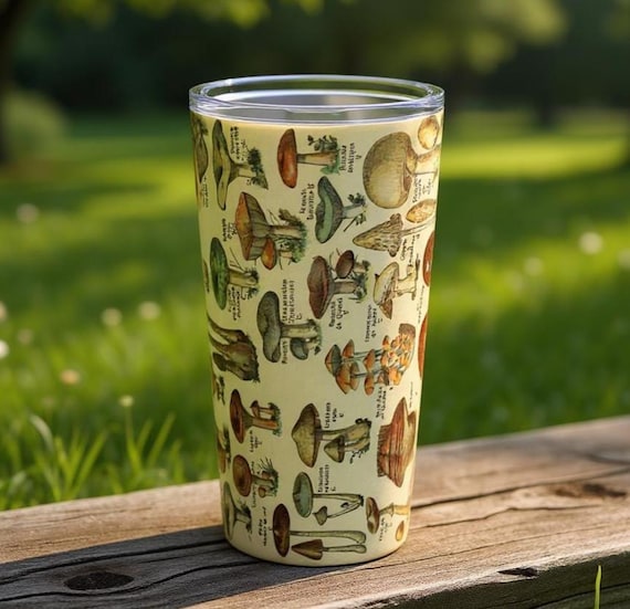 Vintage Mushrooms Travel Mug Nature Lover Gift for Her Retro Cottagecore Tea Tumbler Botanical Hiker Drinkware Camping Cup Fungi Coffee Mug