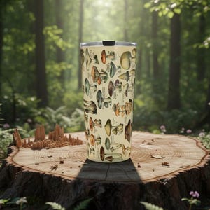 May include: A stainless steel travel mug featuring a beige background with various mushroom illustrations in shades of brown, orange, green, and yellow. The mug has a black lid and is set on a tree stump in a forest setting.