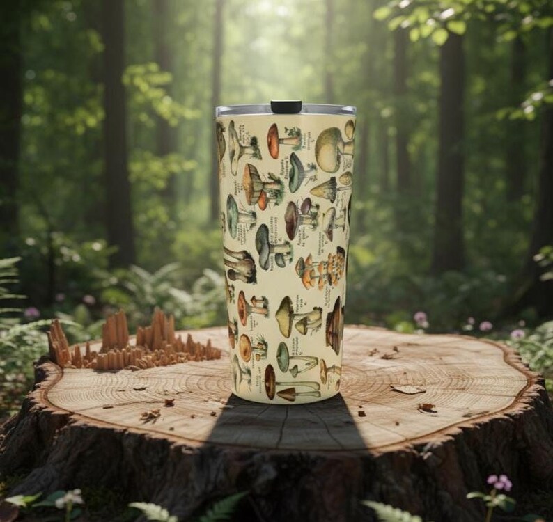 May include: A stainless steel travel mug featuring a beige background with various mushroom illustrations in shades of brown, orange, green, and yellow. The mug has a black lid and is set on a tree stump in a forest setting.