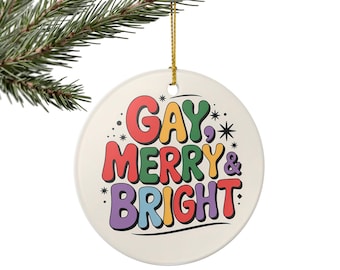 Adorno navideño LGBTQ divertido, decoración navideña de cerámica para árbol festivo, regalo del orgullo gay para él, divertido adorno de pared con arcoíris.