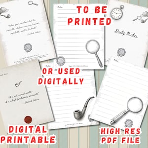 May include: A collection of Sherlock Holmes themed stationery pages featuring lined paper, blank note sheets, and decorative illustrations of magnifying glasses, pipes, pocket watches, and deerstalker hats, with quotes and a 221B Baker Street seal.