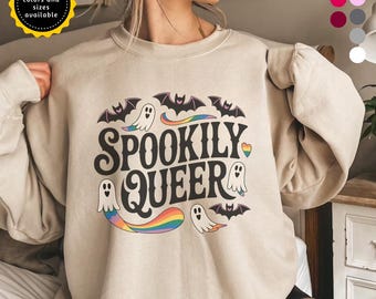 Funny LGBTQ Halloween Crewneck Sweatshirt Gay Pride Gift for Him Human Rights Apparel Rainbow Flag Outfit Spooky Queer Shirt Top Fun Sweater