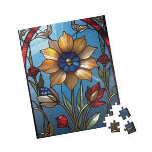 Independence Day Jigsaw Puzzle 4th of July Stained Glass Effect Floral Gift Patriotic Adult Kids Activity Mindfulness Fun Games Floral