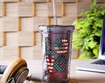 Patriotic Love Acrylic Cup 4th of July Independence Day Gift for Her American Flag USA Drinkware Cool Red White Blue Coffee Mug Drinkware